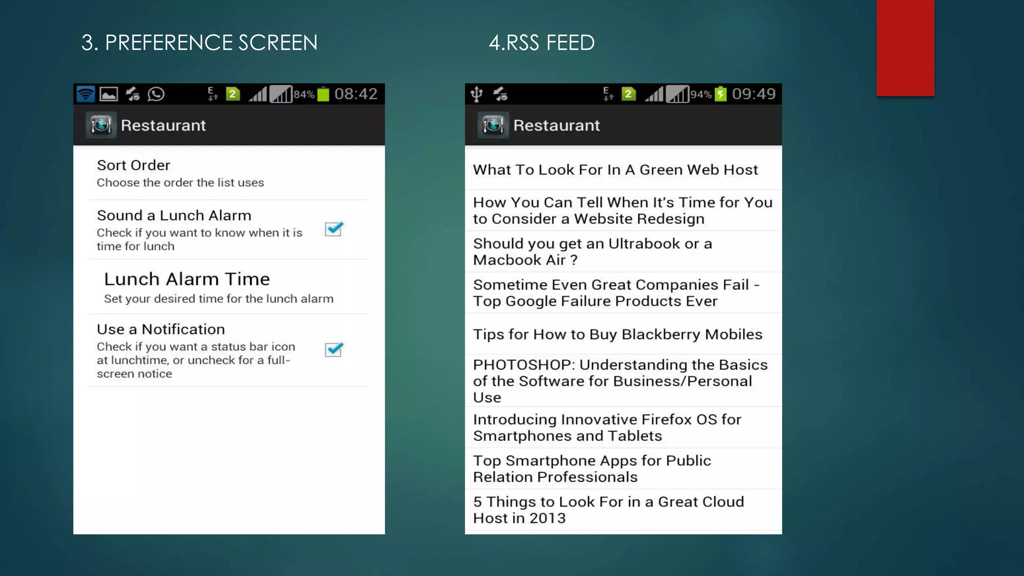 3. PREFERENCE SCREEN 4.RSS FEED