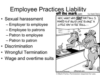Employee Practices Liability Sexual harassment Employer to employee Employee to patrons Patron to employee Patron to patron Discrimination Wrongful Termination Wage and overtime suits 