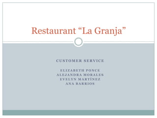 Restaurant “La Granja”

CUSTOMER SERVICE
ELIZABETH PONCE
ALEJANDRA MORALES
EVELYN MARTÍNEZ
ANA BARRIOS

 
