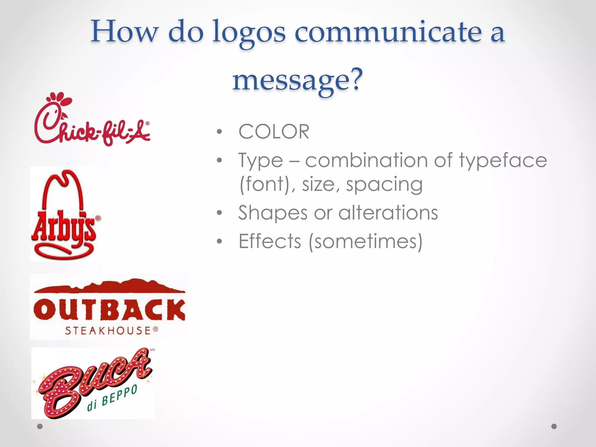 How do logos communicate a
message?
• COLOR
• Type – combination of typeface
(font), size, spacing
• Shapes or alterations
• Effects (sometimes)
 