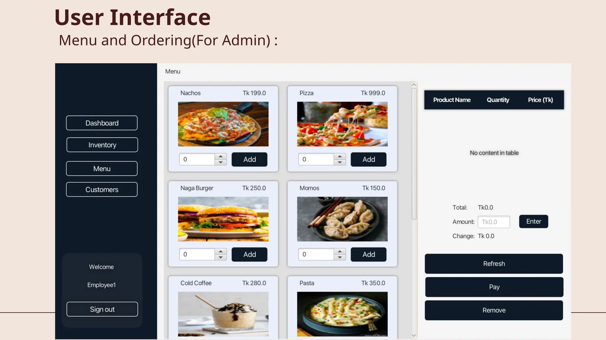 User Interface
Menu and Ordering(For Admin) :
 