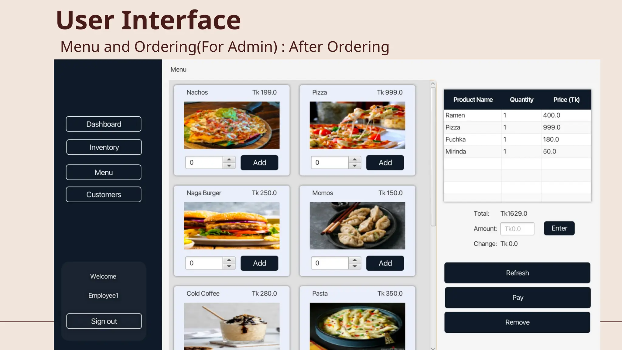 User Interface
Menu and Ordering(For Admin) : After Ordering
 