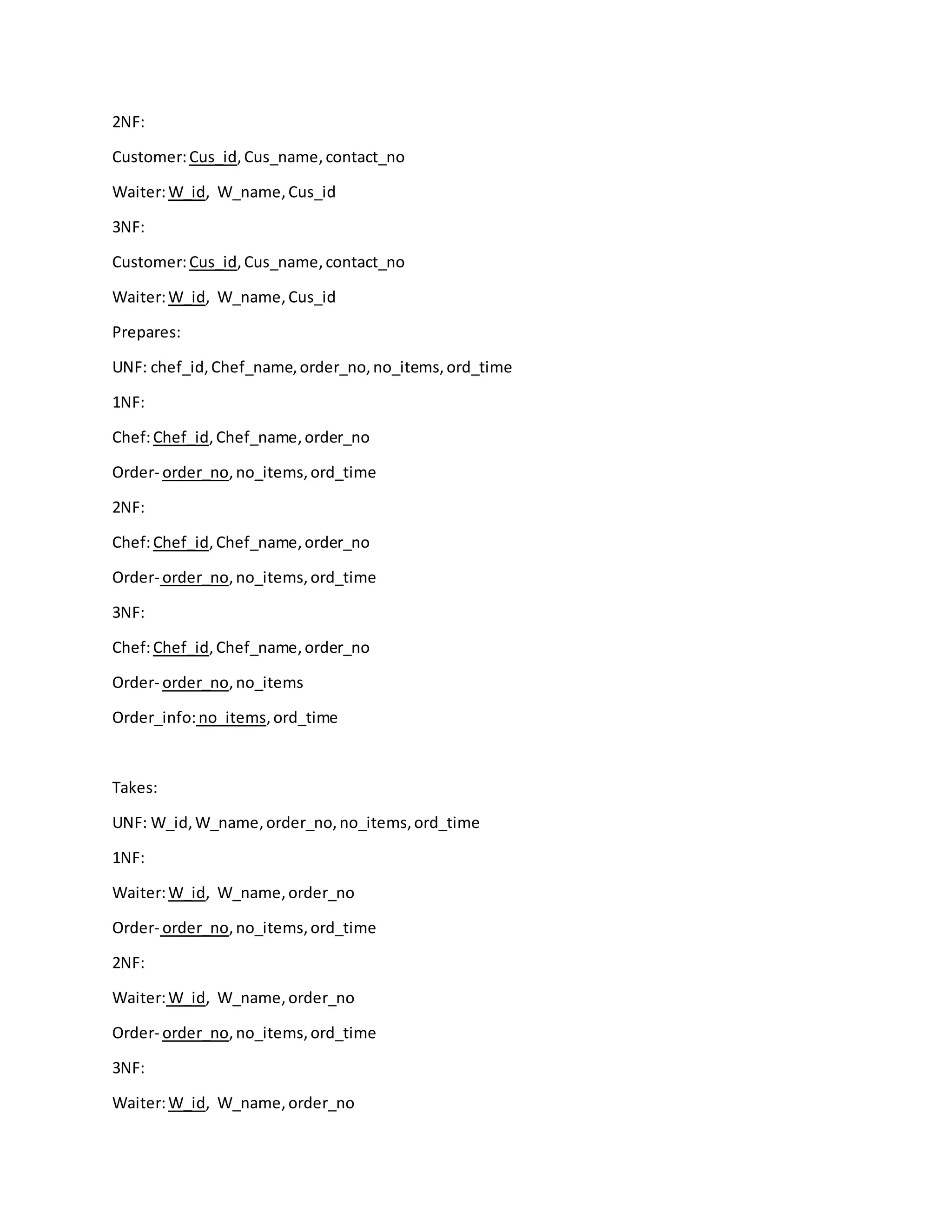 2NF:
Customer:Cus_id,Cus_name,contact_no
Waiter:W_id, W_name,Cus_id
3NF:
Customer:Cus_id,Cus_name,contact_no
Waiter:W_id, W_name,Cus_id
Prepares:
UNF: chef_id,Chef_name,order_no,no_items,ord_time
1NF:
Chef:Chef_id,Chef_name,order_no
Order- order_no,no_items,ord_time
2NF:
Chef:Chef_id,Chef_name,order_no
Order- order_no,no_items,ord_time
3NF:
Chef:Chef_id,Chef_name,order_no
Order- order_no,no_items
Order_info:no_items,ord_time
Takes:
UNF: W_id,W_name,order_no,no_items,ord_time
1NF:
Waiter:W_id, W_name,order_no
Order- order_no,no_items,ord_time
2NF:
Waiter:W_id, W_name,order_no
Order- order_no,no_items,ord_time
3NF:
Waiter:W_id, W_name,order_no
 