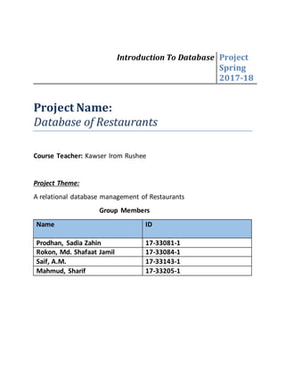 Introduction To Database Project
Spring
2017-18
Project Name:
Database of Restaurants
Course Teacher: Kawser Irom Rushee
Project Theme:
A relational database management of Restaurants
Group Members
Name ID
Prodhan, Sadia Zahin 17-33081-1
Rokon, Md. Shafaat Jamil 17-33084-1
Saif, A.M. 17-33143-1
Mahmud, Sharif 17-33205-1
 
