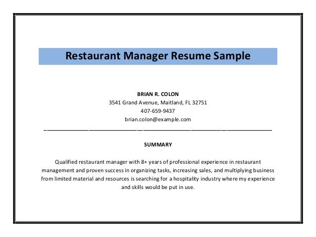 examples of restaurant manager resumes
