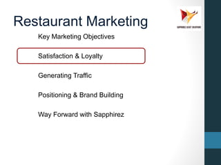 Restaurant Marketing
Key Marketing Objectives
Satisfaction & Loyalty
Generating Traffic
Positioning & Brand Building
Way F...