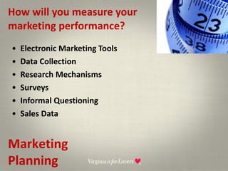 How will you measure your  marketing performance? Electronic Marketing Tools Data Collection Research Mechanisms Surveys Informal Questioning Sales Data Marketing Planning 