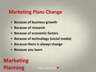 Marketing Plans Change  Because of business growth Because of research Because of economic factors Because of technology (social media) Because there is always change  Because you learn Marketing Planning 