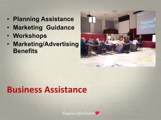 Planning Assistance Marketing  Guidance Workshops Marketing/Advertising  Benefits Business Assistance 