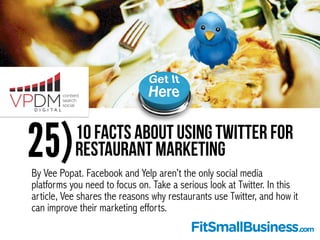 25)10 Facts About Using Twitter For
Restaurant Marketing
By Vee Popat. Facebook and Yelp aren’t the only social media
plat...