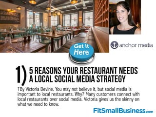 1)5 Reasons Your Restaurant Needs
a Local Social Media Strategy
TBy Victoria Devine. You may not believe it, but social me...