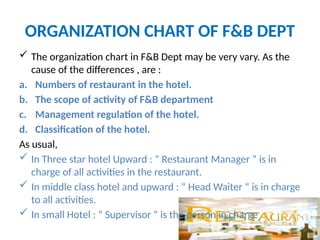 ORGANIZATION CHART OF F&B DEPT
 The organization chart in F&B Dept may be very vary. As the
cause of the differences , are :
a. Numbers of restaurant in the hotel.
b. The scope of activity of F&B department
c. Management regulation of the hotel.
d. Classification of the hotel.
As usual,
 In Three star hotel Upward : “ Restaurant Manager “ is in
charge of all activities in the restaurant.
 In middle class hotel and upward : “ Head Waiter “ is in charge
to all activities.
 In small Hotel : “ Supervisor “ is the person in charge
 