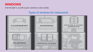 WINDOWS
It let the light in, as well as give customers a view outside .
Types of windows for restaurants
 