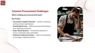 Common Procurement Challenges
What’s holding your procurement back?
• Inconsistent Supplier Networks – Leads to stockouts
and last-minute substitutions
• Unpredictable Costs – Without procurement tracking,
price spikes go unnoticed
• Paper-Based Systems – Increase the chances of
errors in purchase order automation
• Inefficient Ordering Practices – Lead to overstocking
or shortages, impacting service
Key Points:
 