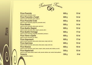 Pizza Prosciuto                                                                                         600 g   13 lei
        (aluat, sos roõii, mozzarella, õuncå )
        Pizza Prosciutto e Funghi                                                                               600 g   14 lei
        (aluat, sos roõii, mozzarella, õuncå, ciuperci )
        Pizza Prosciutto Crudo                                                                                  600 g   18 lei
        (aluat, sos roõii, mozzarella, gorgonzola, prosciutto crudo )
        Pizza Diavola                                                                                           600 g   14 lei
        (aluat, sos roõii, mozzarella, salam picant, ardei iute )
        Pizza Quattro Stagioni                                                                                  600 g   15 lei
Pizza




        (aluat, sos roõii, mozzarella, õuncå, ciuperci, porumb, ardei )
        Pizza Quattro Formaggi                                                                                  600 g   17 lei
        (aluat, sos roõii, mozzarella, gorgonzola, Emmentaler, parmesan )
        Pizza Tonno e Cipolla                                                                                   600 g   15 lei
        (aluat, sos roõii, mozzarella, ton, ceapå )
        Pizza Ungureascå                                                                                        600 g   17 lei
        (aluat, sos roõii, mozzarella, salam picant, cârnañ, bacon, ceapå, ardei iute )
        Pizza Capriciosa                                                                                        600 g   15 lei
        (aluat, sos roõii, mozzarella, salam picant, cârnañ, bacon, ceapå, ardei iute )
        Pizza Rosecas                                                                                           600 g   18 lei
        (aluat, sos roõii, mozzarella, õuncå, bacon, ciuperci, salam, porumb, ardei, måsline, ou ochi )
        Pizza Vegetarianå                                                                                       550 g   15 lei
        (aluat, sos roõii, vinete, dovleac, ciuperci, ardei, porumb, måsline, roõii, mazåre, fasole galbenå )
        Focaccia                                                                                                200 g    8 lei
        (aluat, ulei måsline, oregano )
 