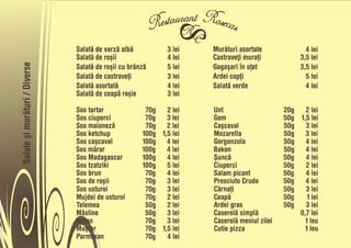 Salatå de varzå albå           3 lei   Muråturi asortate              4 lei
                               Salatå de roõii                4 lei   Castraveñi murañi            3,5 lei
                               Salatå de roõii cu brânzå              Gogoõari în oñet
Salate õi muråturi / Diverse


                                                              5 lei                                3,5 lei
                               Salatå de castraveñi           3 lei   Ardei copñi                    5 lei
                               Salatå asortatå                4 lei   Salatå verde                   4 lei
                               Salatå de ceapå roõie          3 lei

                               Sos tartar              70g   2 lei    Unt                     20g   2 lei
                               Sos ciuperci            70g   3 lei    Gem                     50g 1,5 lei
                               Sos maionezå            70g 2 lei      Caõcaval                50g   3 lei
                               Sos ketchup            100g 1,5 lei    Mozarella               50g 3 lei
                               Sos caõcaval           100g 4 lei      Gorgonzola              50g   4 lei
                               Sos mårar              100g   4 lei    Bakon                   50g   4 lei
                               Sos Madagascar         100g   4 lei    Õuncå                   50g   4 lei
                               Sos tzatziki           100g   5 lei    Ciuperci                50g   2 lei
                               Sos brun                70g   4 lei    Salam picant            50g   4 lei
                               Sos de roõii            70g   3 lei    Prosciuto Crudo         50g   4 lei
                               Sos usturoi             70g   3 lei    Cârnañi                 50g   3 lei
                               Mujdei de usturoi       70g   2 lei    Ceapå                   50g    1 lei
                               Telemea                 50g 2 lei      Ardei gras              50g   3 lei
                               Måsline                 50g 3 lei      Caserolå simplå             0,7 lei
                               Hrean                   70g   3 lei    Caserolå meniul zilei         1 leu
                               Muõtar                  70g 1,5 lei    Cutie pizza                   1 leu
                               Parmesan                70g   4 lei
 