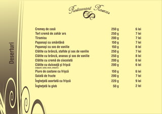 Cremeõ de caså                                 250 g   6 lei
            Tort cremå de zahår ars                        250 g   7 lei
            Tiramisu                                       200 g   7 lei
            Papanaõi cu smântânå                           150 g   7 lei
Deserturi




            Papanaõi cu sos de vanilie                     150 g   8 lei
            Clåtite cu brânzå, stafide õi sos de vanilie   250 g   7 lei
            Clåtite cu brânzå, ananas õi sos de vanilie    250 g   8 lei
            Clåtite cu cremå de ciocolatå                  200 g   6 lei
            Clåtite cu dulceañå õi friõcå                  200 g   6 lei
            (cåpõuni, caise, mure, zmeurå )

            Piure de castane cu friõcå                     150 g   6 lei
            Salatå de fructe                               200 g   7 lei
            Îngheñatå asortatå cu friõcå                   220 g   9 lei
            Îngheñatå la glob                               50 g   2 lei
 