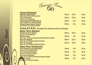 Crama Halewood
         Cabernet Cantus Primus                                        750 ml   13,5%   95 lei
         (roõu, sec, soi: Cabernet sauvignon)
         Theia Chardonnay                                              750 ml   13,5%   79 lei
         (alb, sec, soi: Chardonnay)
         Feteascå Neagrå Private Reserve                               750 ml    13%    55 lei
         (roõu, demisec, soi: Feteascå neagrå)
         Feteascå Regalå Special Reserve                               750 ml    13%    31 lei
         (alb, demisec, soi: Feteascå regalå)
         Crama S.E.R.V.E. (Societatea Euro Românå de Vinuri de Excepñie)
Vinuri




         Gama Terra Romana
         Chardonnay Terra Romana                                       750 ml   13,5%   95 lei
         (alb, sec, soi: Chardonnay)
         Millenium Roõu                                                750 ml    14%    53 lei
         (roõu, sec, soi: Cabernet Sauvignon/Merlot/Feteascå neagrå)
         Rose Terra Romana                                             750 ml   13,5%   53 lei
         (rose, sec, soi: Feteascå Neagrå/Pinot Noir)
         Rose Terra Romana                                             375 ml   13,5%   30 lei
         (rose, sec, soi: Feteascå Neagrå/Pinot Noir)
         Gama Vinul Cavalerului
         Vinul Cavalerului Sauvignon Blanc                             750 ml    12%    33 lei
         (alb, sec, soi: Sauvignon blanc)
         Vinul Cavalerului Riesling                                    750 ml    12%    33 lei
         (alb, sec, soi: Riesling Italian)
         Rose Vinul Cavalerului                                        750 ml    13%    33 lei
         (rose, sec, soi: Cabernet Sauvignon/Feteascå neagrå)
         Feteascå neagrå                                               750 ml    13%    33 lei
         (roõu, sec, soi: Feteascå Neagrå)
 