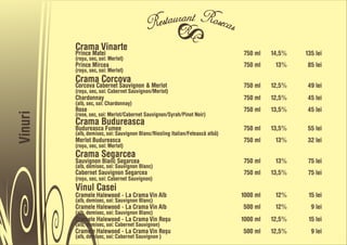 Crama Vinarte
         Prince Matei                                                          750 ml    14,5%   135 lei
         (roõu, sec, soi: Merlot)
         Prince Mircea                                                         750 ml     13%    85 lei
         (roõu, sec, soi: Merlot)
         Crama Corcova
         Corcova Cabernet Sauvignon & Merlot                                   750 ml    12,5%   49 lei
         (roõu, sec, soi: Cabernet Sauvignon/Merlot)
         Chardonnay                                                            750 ml    12,5%   45 lei
         (alb, sec, soi: Chardonnay)
         Rose                                                                  750 ml    13,5%   45 lei
Vinuri




         (rose, sec, soi: Merlot/Cabernet Sauvignon/Syrah/Pinot Noir)
         Crama Budureasca
         Budureasca Fumee                                                      750 ml    13,5%   55 lei
         (alb, demisec, soi: Sauvignon Blanc/Riesling Italian/Feteascå albå)
         Merlot Budureasca                                                     750 ml     13%    32 lei
         (roõu, sec, soi: Merlot)
         Crama Segarcea
         Sauvignon Blanc Segarcea                                              750 ml     13%     75 lei
         (alb, demisec, soi: Sauvignon Blanc)
         Cabernet Sauvignon Segarcea                                           750 ml    13,5%    75 lei
         (roõu, sec, soi: Cabernet Sauvignon)
         Vinul Casei
         Cramele Halewood - La Crama Vin Alb                                   1000 ml    12%     15 lei
         (alb, demisec, soi: Sauvignon Blanc)
         Cramele Halewood - La Crama Vin Alb                                   500 ml     12%      9 lei
         (alb, demisec, soi: Sauvignon Blanc)
         Cramele Halewood - La Crama Vin Roõu                                  1000 ml   12,5%    15 lei
         (alb, demisec, soi: Cabernet Sauvignon)
         Cramele Halewood - La Crama Vin Roõu                                  500 ml    12,5%     9 lei
         (alb, demisec, soi: Cabernet Sauvignon )
 
