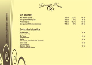 Vin spumant
Vin Spumant/Cocktailui alcoolice



                                   Asti Martini (dulce)                                     750 ml    7,5%   90 lei
                                   Vin spumant Rhein (sec)                                  750 ml     12%   75 lei
                                   Prosecco (sec)                                           750 ml   10,5%   52 lei
                                   Vin spumant Millenium (demisec)                          750 ml     12%   28 lei


                                   Cocktailuri alcoolice
                                   Screw Driver                                                              14 lei
                                   (vodka, suc portocale )

                                   Gin Tonic                                                                 14 lei
                                   (gin, apå tonicå, lime)
                                   Mojito                                                                    14 lei
                                   (rom, sirop zahår, zeamå de lime, mentå, apå mineralå)

                                   Cuba Libre                                                                13 lei
                                   (rom, coca-cola, lime)
                                   Campari Orange                                                            13 lei
                                   (campari, suc portocale, portocale)
 