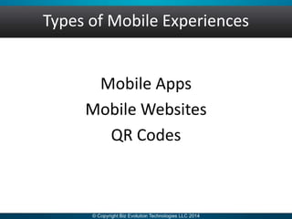 Types of Mobile Experiences
Mobile Apps
Mobile Websites
QR Codes
 