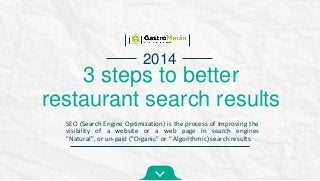 2014

3 steps to better
restaurant search results
SEO (Search Engine Optimization) is the process of Improving the
visibility of a website or a web page in search engines
"Natural", or un-paid ("Organic" or " Algorithmic) search results.

 