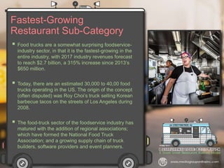 Fastest-Growing
Restaurant Sub-Category
 Food trucks are a somewhat surprising foodservice-
industry sector, in that it is the fastest-growing in the
entire industry, with 2017 industry revenues forecast
to reach $2.7 billion, a 315% increase since 2013’s
$650 million.
 Today, there are an estimated 30,000 to 40,00 food
trucks operating in the US. The origin of the concept
(often disputed) was Roy Choi’s truck selling Korean
barbecue tacos on the streets of Los Angeles during
2008.
 The food-truck sector of the foodservice industry has
matured with the addition of regional associations;
which have formed the National Food Truck
Association; and a growing supply chain of truck
builders, software providers and event planners.
 