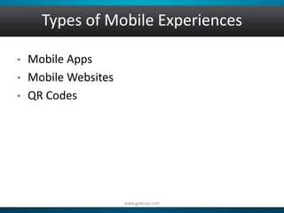 Types of Mobile Experiences 
• Mobile Apps 
• Mobile Websites 
• QR Codes 
www.gobizap.com 
 