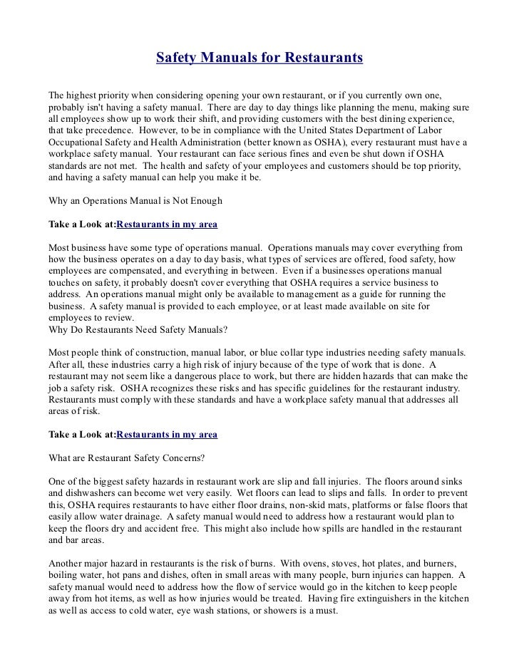 Safety Manuals for Restaurants