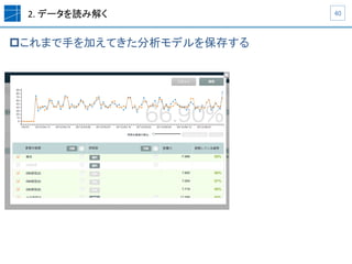 2.	
  データを読み解く	
p これまで手を加えてきた分析モデルを保存する	
40	
 