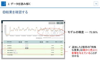 2.	
  データを読み解く	
p 結果を確認する	
74	
モデルの精度 ・・・ 75.56%	
ü  追加した2箇所の「特殊
な要素」は確かに売上に
影響を与えていることが
分かる
 