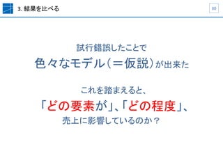 3.	
  結果を比べる	
試行錯誤したことで	
  
色々なモデル（＝仮説）が出来た	
  
	
  
これを踏まえると、	
  
「どの要素が」、「どの程度」、	
  
売上に影響しているのか？	
  
80	
 
