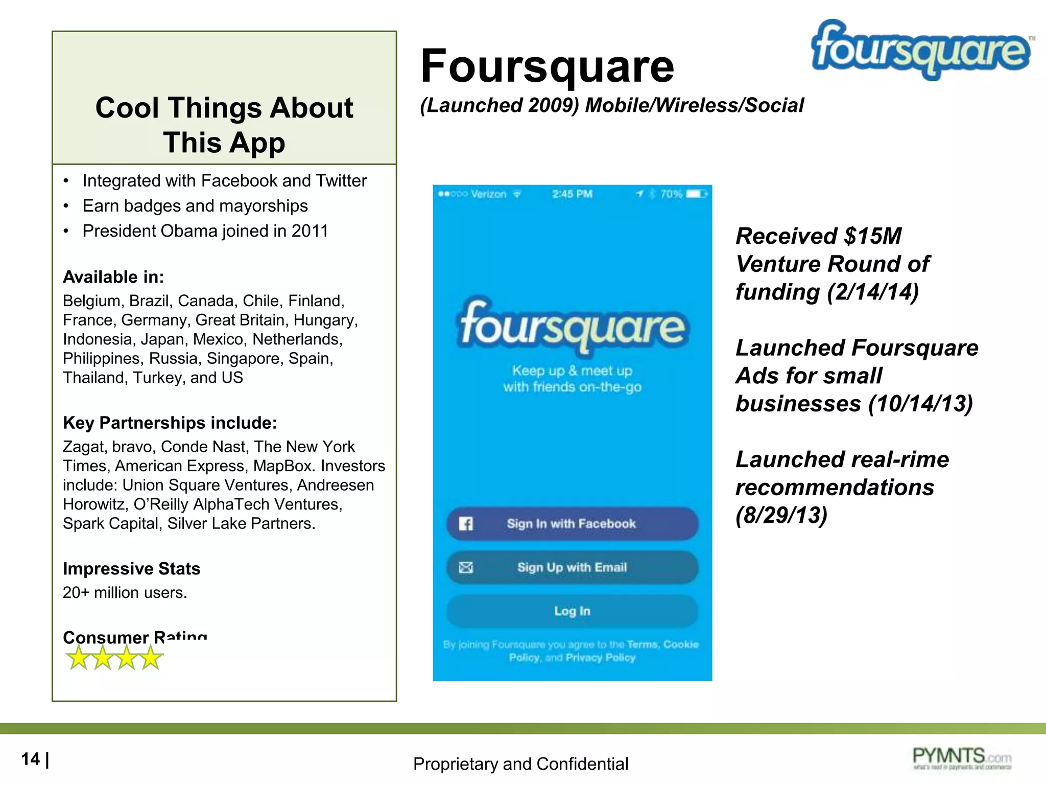 Proprietary and Confidential
Cool Things About
This App
Foursquare
(Launched 2009) Mobile/Wireless/Social
• Integrated with Facebook and Twitter
• Earn badges and mayorships
• President Obama joined in 2011
Available in:
Belgium, Brazil, Canada, Chile, Finland,
France, Germany, Great Britain, Hungary,
Indonesia, Japan, Mexico, Netherlands,
Philippines, Russia, Singapore, Spain,
Thailand, Turkey, and US
Key Partnerships include:
Zagat, bravo, Conde Nast, The New York
Times, American Express, MapBox. Investors
include: Union Square Ventures, Andreesen
Horowitz, O’Reilly AlphaTech Ventures,
Spark Capital, Silver Lake Partners.
Impressive Stats
20+ million users.
Consumer Rating
14 |
Received $15M
Venture Round of
funding (2/14/14)
Launched Foursquare
Ads for small
businesses (10/14/13)
Launched real-rime
recommendations
(8/29/13)
 