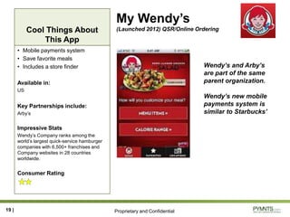 Proprietary and Confidential
Cool Things About
This App
My Wendy’s
(Launched 2012) QSR/Online Ordering
• Mobile payments system
• Save favorite meals
• Includes a store finder
Available in:
US
Key Partnerships include:
Arby’s
Impressive Stats
Wendy’s Company ranks among the
world’s largest quick-service hamburger
companies with 6,500+ franchises and
Company websites in 28 countries
worldwide.
Consumer Rating
19 |
Wendy‟s and Arby‟s
are part of the same
parent organization.
Wendy‟s new mobile
payments system is
similar to Starbucks‟
 