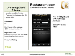 Proprietary and Confidential
Cool Things About
This App
Restaurant.com
(Launched 2011) Mobile Commerce
• Location based technology
• Purchase Certificates on the Go!
• Mobile deals
Available in:
US
Key Partnerships include:
15,000+ restaurants nationwide
Impressive Stats
Customers have saved more than $500M
through the gift certificate program
Consumer Rating
24 |
Free $10.00 gift card
with first in-app
purchase
Exclusive mobile
offers
 