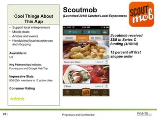 Proprietary and Confidential
Cool Things About
This App
Scoutmob
(Launched 2010) Curated Local Experiences
• Support local entrepreneurs
• Mobile deals
• Articles and events
• Handpicked local experiences
and shopping
Available in:
US
Key Partnerships include:
Foursquare and Google FieldTrip
Impressive Stats
800,000+ members in 13 active cities
Consumer Rating
25 |
Scoutmob received
$3M in Series C
funding (4/10/14)
15 percent off first
shoppe order
 