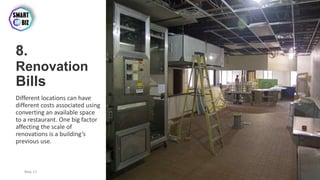 8.
Renovation
Bills
Different locations can have
different costs associated using
converting an available space
to a restaurant. One big factor
affecting the scale of
renovations is a building’s
previous use.
May-17 By Sherif Hanna - Smart Up Business 23
 