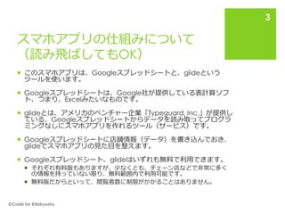 スマホアプリの仕組みについて
（読み飛ばしてもOK）
 このスマホアプリは、Googleスプレッドシートと、glideという
ツールを使います。
 Googleスプレッドシートは、Google社が提供している表計算ソフ
ト、つまり、Excelみたいなものです。
 glideとは、アメリカのベンチャー企業「Typeguard, Inc.」が提供し
ている、Googleスプレッドシートからデータを読み取ってプログラ
ミングなしにスマホアプリを作れるツール（サービス）です。
 Googleスプレッドシートに店舗情報（データ）を書き込んでおき、
glideでスマホアプリの見た目を整えます。
 Googleスプレッドシート、glideはいずれも無料で利用できます。
 それぞれ有料版もありますが、少なくとも、チェーン店などで非常に多く
の情報を持っていない限り、無料範囲内で利用可能です。
 無料版だからといって、閲覧者数に制限がかかることはありません。
🄫Code for Kitakyushu
3
 