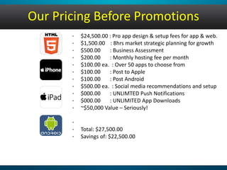 Our Pricing Before Promotions 
• $24,500.00 : Pro app design & setup fees for app & web. 
• $1,500.00 : 8hrs market strategic planning for growth 
• $500.00 : Business Assessment 
• $200.00 : Monthly hosting fee per month 
• $100.00 ea. : Over 50 apps to choose from 
• $100.00 : Post to Apple 
• $100.00 : Post Android 
• $500.00 ea. : Social media recommendations and setup 
• $000.00 : UNLIMTED Push Notifications 
• $000.00 : UNLIMITED App Downloads 
• ~$50,000 Value – Seriously! 
• 
• Total: $27,500.00 
• Savings of: $22,500.00 
 