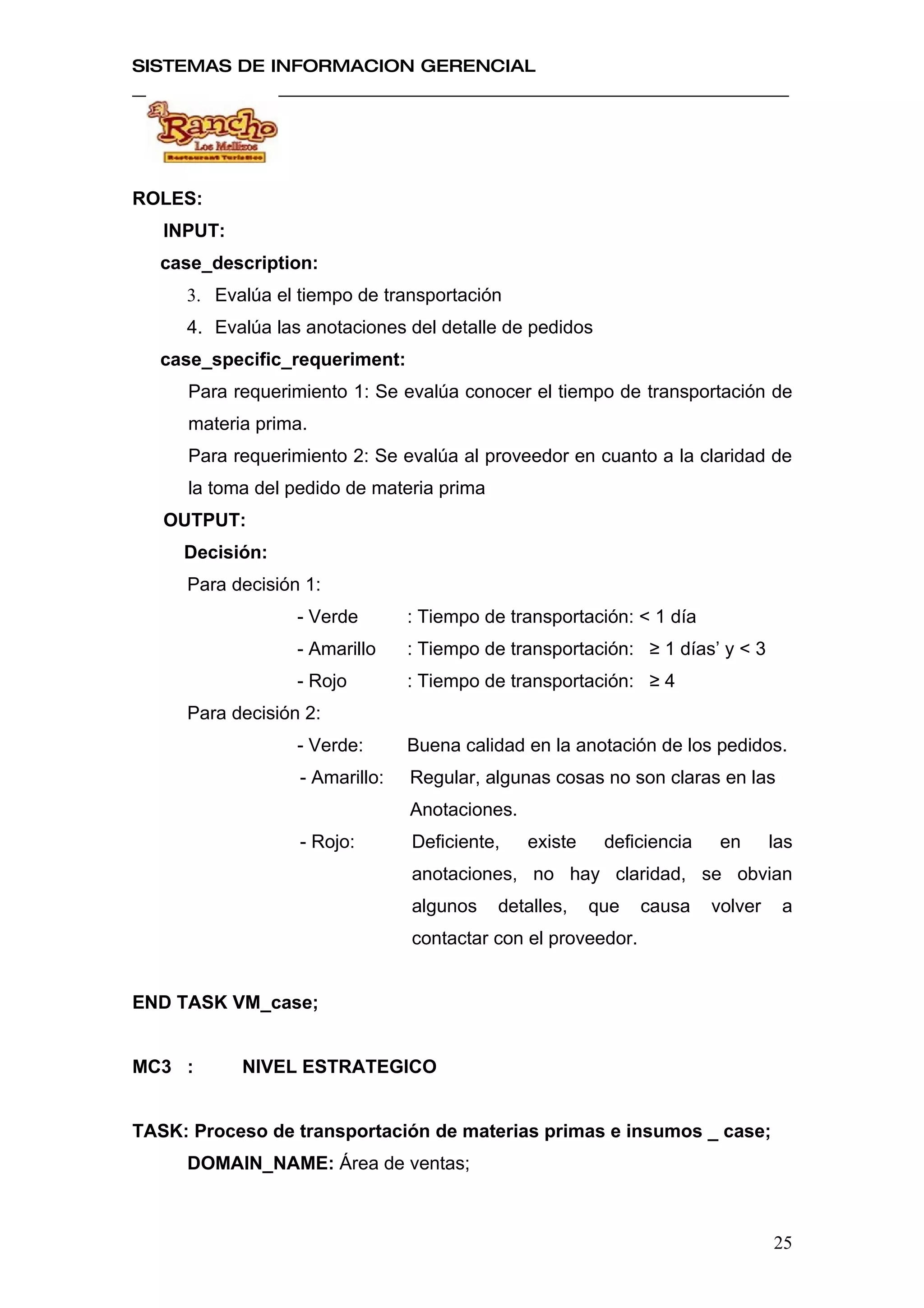 SISTEMAS DE INFORMACION GERENCIAL




ROLES:
   INPUT:
  case_description:
     3. Evalúa el tiempo de transportación
     4. Evalúa las anotaciones del detalle de pedidos
  case_specific_requeriment:
     Para requerimiento 1: Se evalúa conocer el tiempo de transportación de
     materia prima.
     Para requerimiento 2: Se evalúa al proveedor en cuanto a la claridad de
     la toma del pedido de materia prima
   OUTPUT:
     Decisión:
     Para decisión 1:
                  - Verde       : Tiempo de transportación: < 1 día
                  - Amarillo    : Tiempo de transportación: ≥ 1 días’ y < 3
                  - Rojo        : Tiempo de transportación: ≥ 4
     Para decisión 2:
                  - Verde:      Buena calidad en la anotación de los pedidos.
                  - Amarillo:   Regular, algunas cosas no son claras en las
                                Anotaciones.
                  - Rojo:       Deficiente,    existe    deficiencia    en      las
                                anotaciones, no hay claridad, se obvian
                                algunos    detalles,    que   causa    volver    a
                                contactar con el proveedor.


END TASK VM_case;


MC3 :       NIVEL ESTRATEGICO


TASK: Proceso de transportación de materias primas e insumos _ case;
     DOMAIN_NAME: Área de ventas;



                                                                                25
 