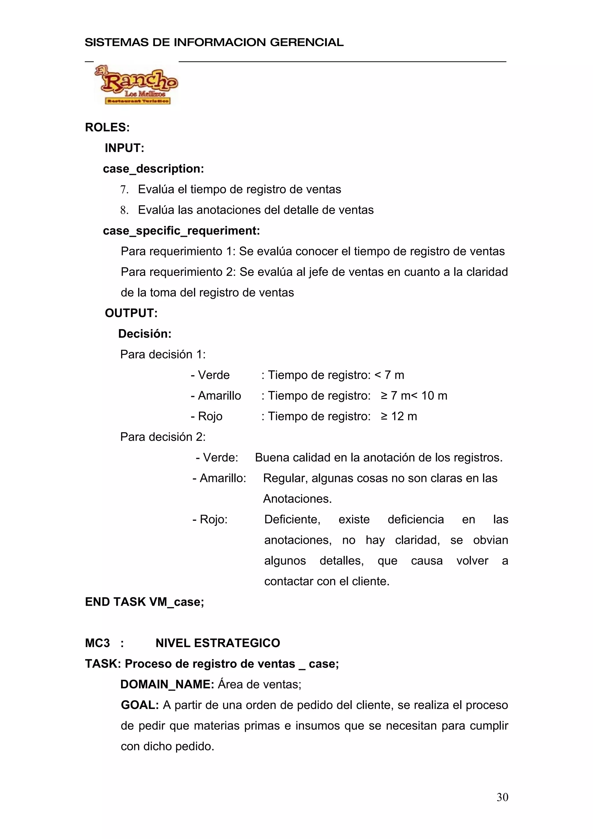 SISTEMAS DE INFORMACION GERENCIAL




ROLES:
   INPUT:
   case_description:
     7. Evalúa el tiempo de registro de ventas
     8. Evalúa las anotaciones del detalle de ventas
   case_specific_requeriment:
      Para requerimiento 1: Se evalúa conocer el tiempo de registro de ventas
      Para requerimiento 2: Se evalúa al jefe de ventas en cuanto a la claridad
      de la toma del registro de ventas
   OUTPUT:
     Decisión:
     Para decisión 1:
                   - Verde        : Tiempo de registro: < 7 m
                   - Amarillo     : Tiempo de registro: ≥ 7 m< 10 m
                   - Rojo         : Tiempo de registro: ≥ 12 m
     Para decisión 2:
                    - Verde:     Buena calidad en la anotación de los registros.
                   - Amarillo:    Regular, algunas cosas no son claras en las
                                  Anotaciones.
                   - Rojo:        Deficiente,    existe    deficiencia    en      las
                                  anotaciones, no hay claridad, se obvian
                                  algunos    detalles,    que   causa    volver    a
                                  contactar con el cliente.
END TASK VM_case;


MC3 :       NIVEL ESTRATEGICO
TASK: Proceso de registro de ventas _ case;
     DOMAIN_NAME: Área de ventas;
      GOAL: A partir de una orden de pedido del cliente, se realiza el proceso
      de pedir que materias primas e insumos que se necesitan para cumplir
      con dicho pedido.



                                                                                  30
 