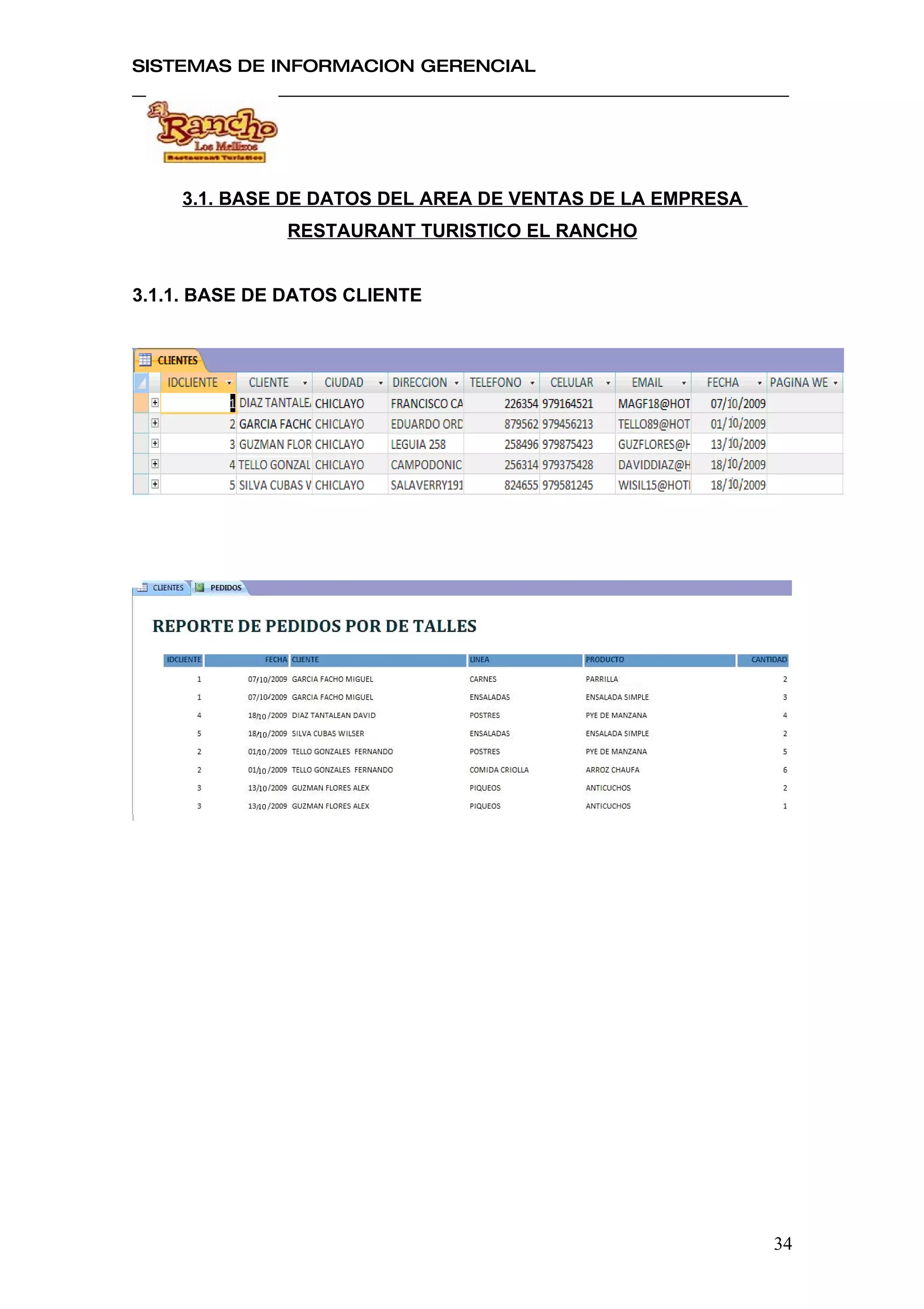 SISTEMAS DE INFORMACION GERENCIAL




    3.1. BASE DE DATOS DEL AREA DE VENTAS DE LA EMPRESA
              RESTAURANT TURISTICO EL RANCHO


3.1.1. BASE DE DATOS CLIENTE




                                                          34
 