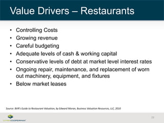 • Controlling Costs 
• Growing revenue 
• Careful budgeting 
• Adequate levels of cash & working capital 
• Conservative levels of debt at market level interest rates 
• Ongoing repair, maintenance, and replacement of worn 
out machinery, equipment, and fixtures 
• Below market leases 
23 
Value Drivers – Restaurants 
Source: BVR’s Guide to Restaurant Valuation, by Edward Moran, Business Valuation Resources, LLC, 2010 
 