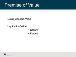 • Going Concern Value 
• Liquidation Value: 
 Orderly 
 Forced 
5 
Premise of Value 
 