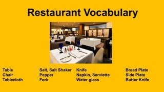Restaurant Vocabulary
Table Salt, Salt Shaker Knife Bread Plate
Chair Pepper Napkin, Serviette Side Plate
Tablecloth Fork Water glass Butter Knife
 