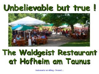 Unbelievable but true !Unbelievable but true !
The Waldgeist RestaurantThe Waldgeist Restaurant
at Hofheim am Taunusat Hofheim am Taunus
Automatic scrolling - Sound…
 