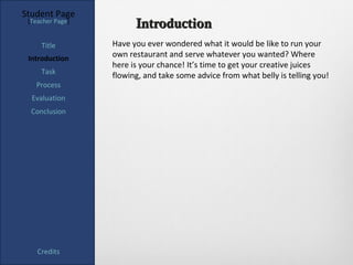 Student Page
 [Teacher Page]
                        Introduction
     Title        Have you ever wondered what it would be like to run your
 Introduction     own restaurant and serve whatever you wanted? Where
                  here is your chance! It’s time to get your creative juices
     Task
                  flowing, and take some advice from what belly is telling you!
   Process
  Evaluation
  Conclusion




    Credits
 