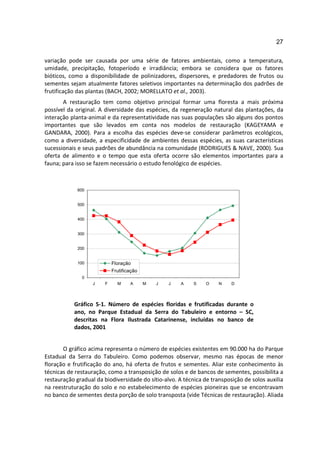 27

variação pode ser causada por uma série de fatores ambientais, como a temperatura,
umidade, precipitação, fotoperíodo e irradiância; embora se considera que os fatores
bióticos, como a disponibilidade de polinizadores, dispersores, e predadores de frutos ou
sementes sejam atualmente fatores seletivos importantes na determinação dos padrões de
frutificação das plantas (BACH, 2002; MORELLATO et al., 2003).
       A restauração tem como objetivo principal formar uma floresta a mais próxima
possível da original. A diversidade das espécies, da regeneração natural das plantações, da
interação planta-animal e da representatividade nas suas populações são alguns dos pontos
importantes que são levados em conta nos modelos de restauração (KAGEYAMA e
GANDARA, 2000). Para a escolha das espécies deve-se considerar parâmetros ecológicos,
como a diversidade, a especificidade de ambientes dessas espécies, as suas características
sucessionais e seus padrões de abundância na comunidade (RODRIGUES & NAVE, 2000). Sua
oferta de alimento e o tempo que esta oferta ocorre são elementos importantes para a
fauna; para isso se fazem necessário o estudo fenológico de espécies.



             600


             500


             400


             300


             200


             100            Floração
                            Frutificação
              0
                   J    F     M     A      M   J   J   A   S    O    N    D




           Gráfico 5-1. Número de espécies floridas e frutificadas durante o
           ano, no Parque Estadual da Serra do Tabuleiro e entorno – SC,
           descritas na Flora Ilustrada Catarinense, incluídas no banco de
           dados, 2001


       O gráfico acima representa o número de espécies existentes em 90.000 ha do Parque
Estadual da Serra do Tabuleiro. Como podemos observar, mesmo nas épocas de menor
floração e frutificação do ano, há oferta de frutos e sementes. Aliar este conhecimento às
técnicas de restauração, como a transposição de solos e de bancos de sementes, possibilita a
restauração gradual da biodiversidade do sítio-alvo. A técnica de transposição de solos auxilia
na reestruturação do solo e no estabelecimento de espécies pioneiras que se encontravam
no banco de sementes desta porção de solo transposta (vide Técnicas de restauração). Aliada
 