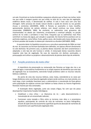 55

um vale. Encontram-se muitas bromélias e pequenos arbustos que se fixam nas rochas, tanto
nas que estão à margem quanto nas que então no leito do rio, este tipo de vegetação,
endêmica destes locais, é denominado de reófitas. O solo é mais seco com uma boa
drenagem. Sofre processo de erosão natural devido a queda de árvores ou nas grandes
chuvas e enchentes (JACOMINE, 2000). A floresta se assemelha à mata mesófila,
apresentando domínio do extrato arbóreo, com dossel contínuo nas áreas melhor
conservadas (EMBRAPA, 2004). Na enchente, os sedimentos mais grosseiros são
movimentados rio abaixo por rolamento, arrastamento e eventual saltação, na porção
central do rio onde a corredeira é mais forte. Enquanto que os sedimentos mais finos
caminham na massa das águas, por solução e suspensão. Da mesma forma acontece com as
partículas orgânicas, como folhas, frutos, galhos secos, são levados pela massa da água, mas
se forem pesadas são levados rio abaixo por rolamento ou afundam (AB’SABER, 2000).
     A nascente deste rio hipotético encontra-se a uma altura aproximada de 500m ao nível
do mar. As nascentes ora formam banhados bem definidos, ora apenas afloram diretamente
no solo declivoso. No primeiro caso, as plantas destas nascentes são bem características e
adaptadas e este tipo de solo humoso e úmido. A restauração destas nascentes deverá
respeitar este tipo de vegetação. No caso de nascentes em declives acentuados, a
preocupação será utilizar ou propiciar o desenvolvimento de plantas deste tipo de ambiente.


9.3 Função protetora da mata ciliar

       A importância da preservação ou restauração das florestas ao longo dos rios e ao
redor de lagos e reservatórios fundamenta-se no amplo espectro de benefícios que este tipo
de vegetação traz ao ecossistema, exercendo função protetora sobre os recursos naturais
bióticos e abióticos.
        Do ponto de vista dos recursos bióticos, estas matas, estendendo-se às vezes por
longas distâncias como uma faixa de vegetação sempre verde contínua, ora mais estreita, ora
mais larga, criam condições favoráveis para a sobrevivência e manutenção do fluxo gênico
entre populações de espécies animais que habitam as faixas ciliares ou mesmo fragmentos
florestais maiores por elas conectados.
     A localização desta vegetação, junto aos corpos d'água, faz com que ela possa
desempenhar importantes funções hidrológicas:
   •   Estabilizam a área crítica – as ribanceiras do rio – pelo desenvolvimento e
       manutenção de um emaranhado radicular;
   •   Funcionam como tampão e filtro entre os terrenos mais altos e o ecossistema
       aquático, participando do controle do ciclo de nutrientes na bacia hidrográfica,
       através de ação tanto do escoamento superficial quanto da absorção de nutrientes do
       escoamento sub-superficial pela vegetação ciliar;
 