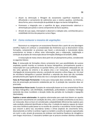 56

   •   Atuam na diminuição e filtragem do escoamento superficial impedindo ou
       dificultando o carreamento de sedimentos para o sistema aquático, contribuindo,
       dessa forma, para a manutenção da qualidade da água nas bacias hidrográficas;
   •   Promovem a integração com a superfície da água, proporcionando cobertura e
       alimentação para peixes e outros componentes da fauna aquática;
   •   Através de suas copas, interceptam e absorvem a radiação solar, contribuindo para a
       estabilidade térmica dos pequenos cursos d'água.


9.4 Como restaurar o mosaico de vegetações

        Reconstruir ou reorganizar um ecossistema florestal ciliar a partir de uma abordagem
científica implica em conhecer a complexidade dos fenômenos que se desenvolvem nestas
formações, compreender os processos que levam a estruturação e manutenção destes
ecossistemas no tempo e utilizar estas informações para a elaboração, implantação e
condução de projetos de restauração dessas formações (Rodrigues & Gandolfi, 2000).
       A restauração de matas ciliares deve partir de um planejamento prévio, considerando
os seguintes fatores:
Área: A restauração de formações ciliares certamente tem suas possibilidades de sucesso
ampliadas quando inserida no contexto de bacias hidrográficas, principalmente quando a
restauração tem suas justificativas na questão hídrica, com conseqüente adequação do uso
dos solos agrícolas do entorno e da própria área a ser restaurada, a preservação da
interligação de remanescentes naturais, a proteção de nascente e olhos d’água, etc. Em nível
de microbacia hidrográfica é possível identificar a extensão das áreas que são inundadas
periodicamente pelo regime de cheias dos rios e a duração do período de inundação;
Faixa de Preservação Permanente: A área para restauração deve considerar, no mínimo, a
área de preservação permanente estabelecida por lei. A proteção das nascentes deve ser
priorizada;
Características Físicas Locais: O projeto de restauração basear-se-á nas características físicas
da Bacia hidrográfica: solo (fertilidade, erodibilidade, profundidade e umidade); hidrologia
(extensão das áreas inundáveis e duração média dos períodos de inundação) e topografia
(declividade);
Espécies a serem selecionadas: As espécies selecionadas para cada local devem ser aquelas
que ocorrem naturalmente em condições de clima, solo e umidade semelhantes às da área a
ser restaurada. Deve-se levar em consideração a adaptabilidade diferencial das espécies para
cada condição ambiental identificada na faixa ciliar. A seleção de espécies capazes de induzir
uma nova resiliência pode basear-se na escolha de: pioneiras e secundárias iniciais (espécies
que crescem à plena luz); secundárias tardias e clímax (espécies de crescimento lento,
desenvolvendo-se melhor à sombra). Sugere-se também a escolha de espécies especializadas
em nutrir o solo, através de processos de simbiose com bactérias fixadoras de nitrogênio e
com fungos micorrízicos. É necessário também que se procure envolver distintas síndromes
 